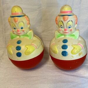Wobbles Vintage 7" Clown Roly-Poly Baby Toy 1977 Sanitoy Chimes LOT 2 TWINS